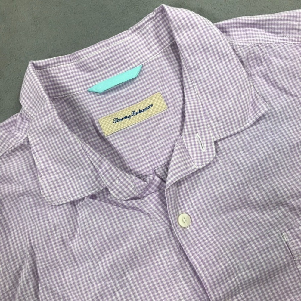 Tommy Bahama Shirt Men's 2XL XXL Purple Check Linen Blend Short Sleeve Button Up